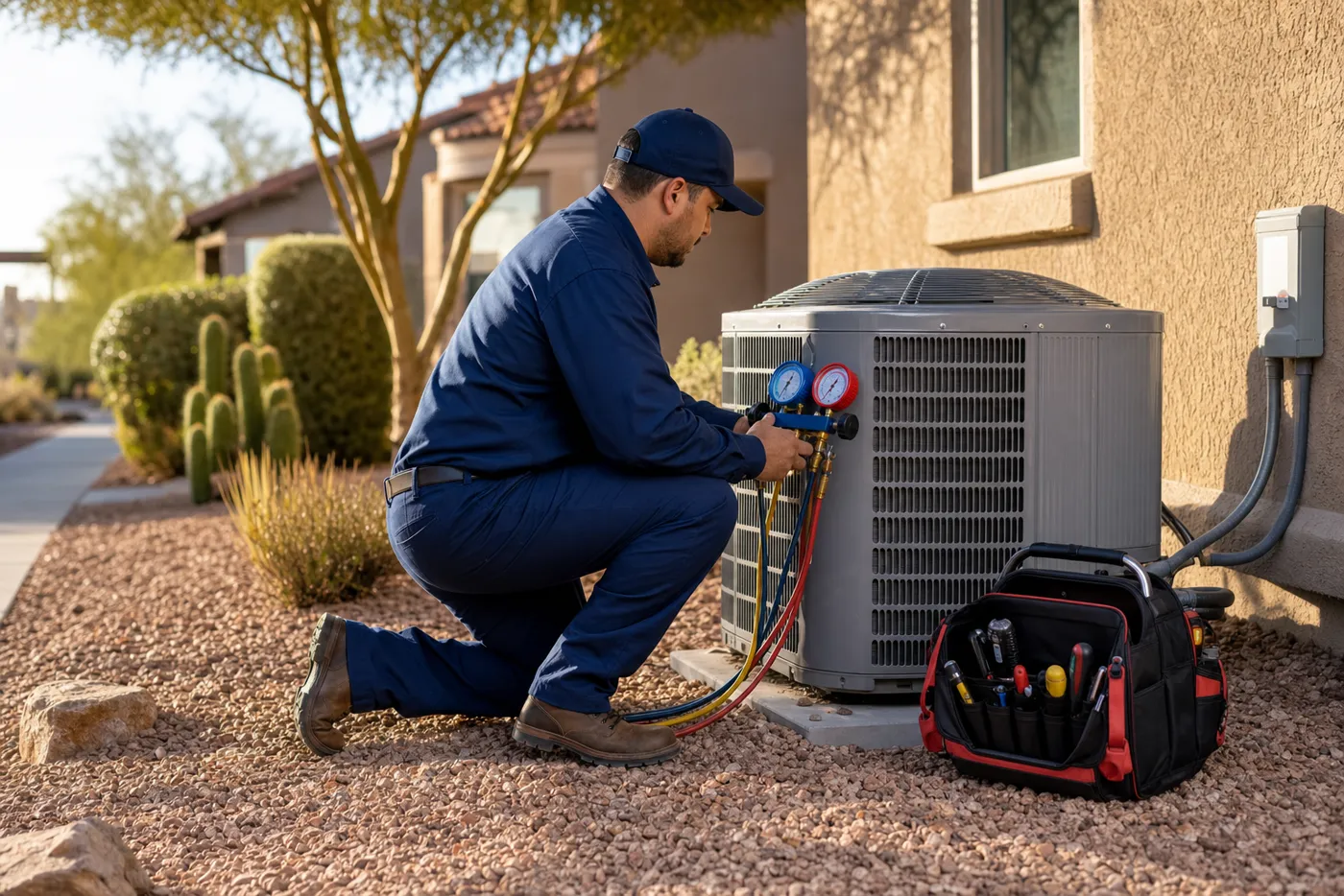 A Summit Air technician servicing an AC condenser beside a Mesa home