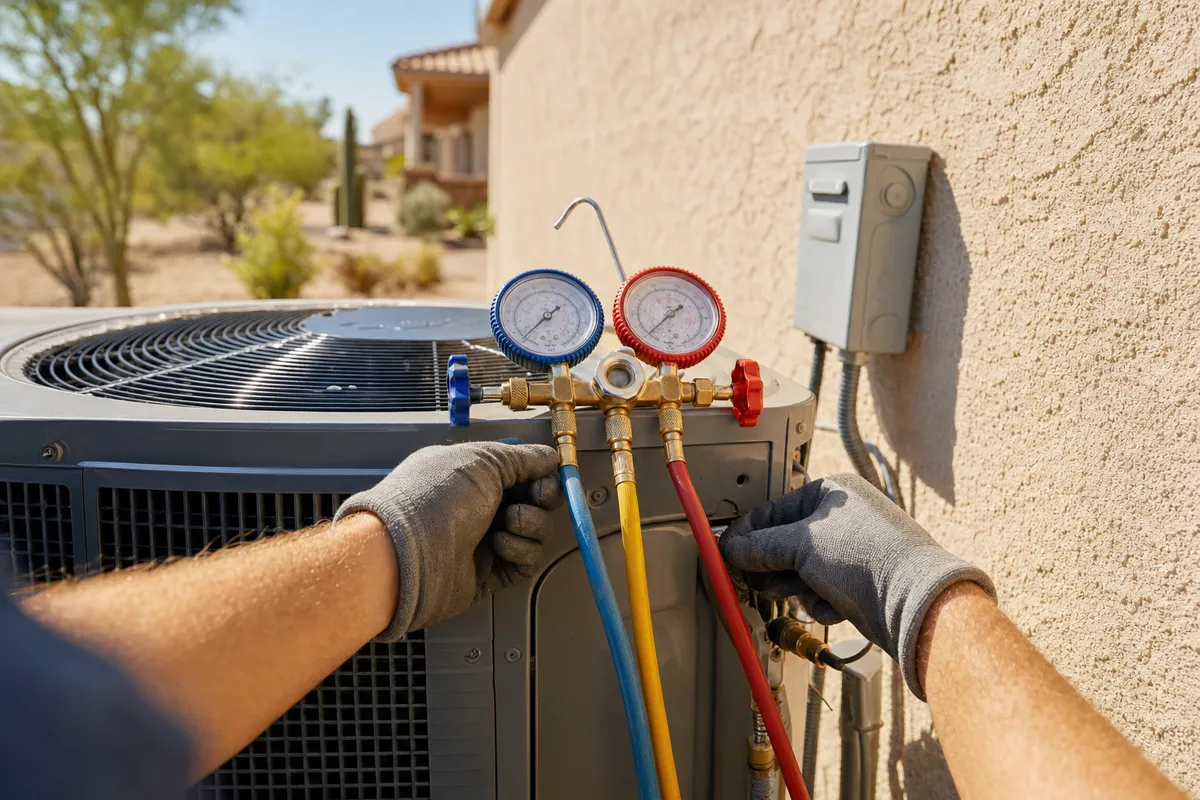 Technician connecting gauges to an AC condenser unit