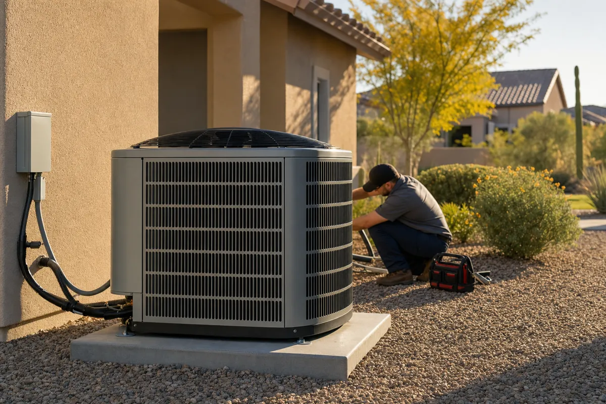 New high-efficiency condenser installed beside a stucco home