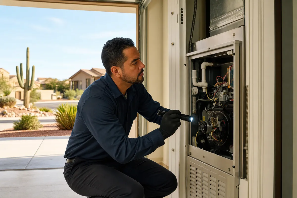 Technician inspecting a furnace in a garage utility closet