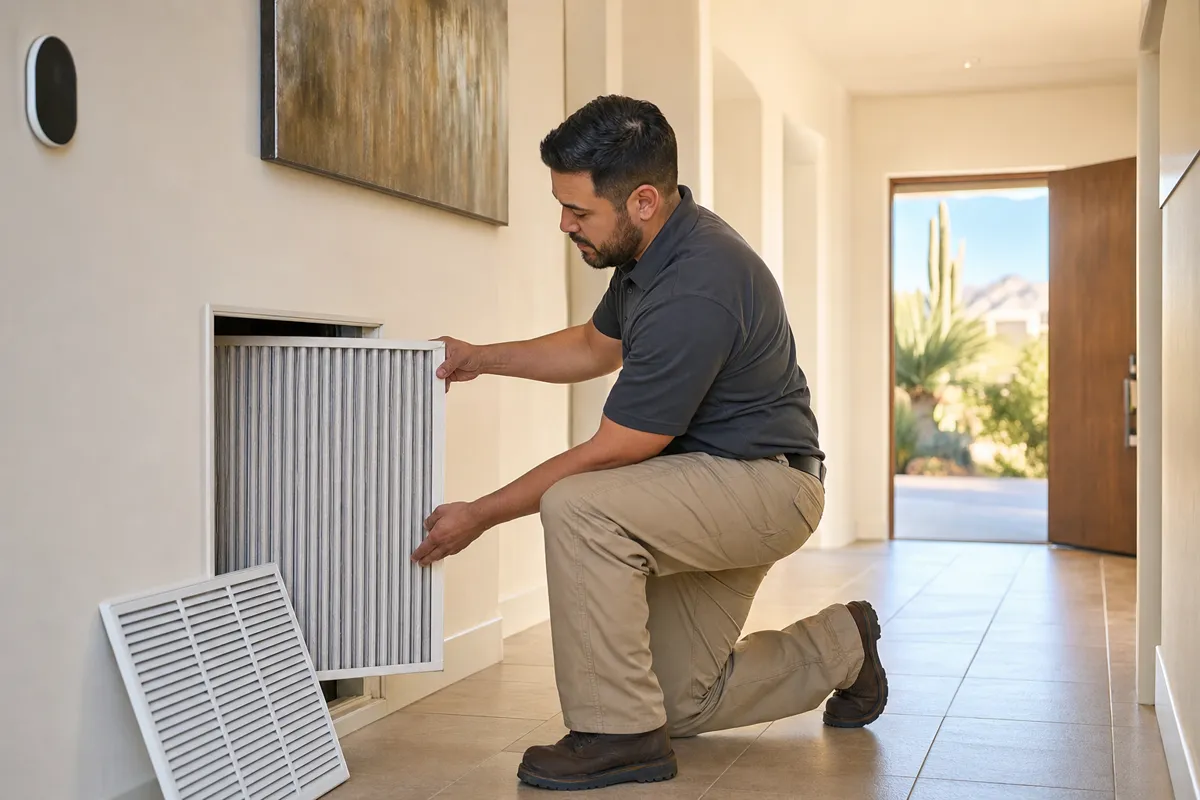 Technician replacing a pleated return-air filter