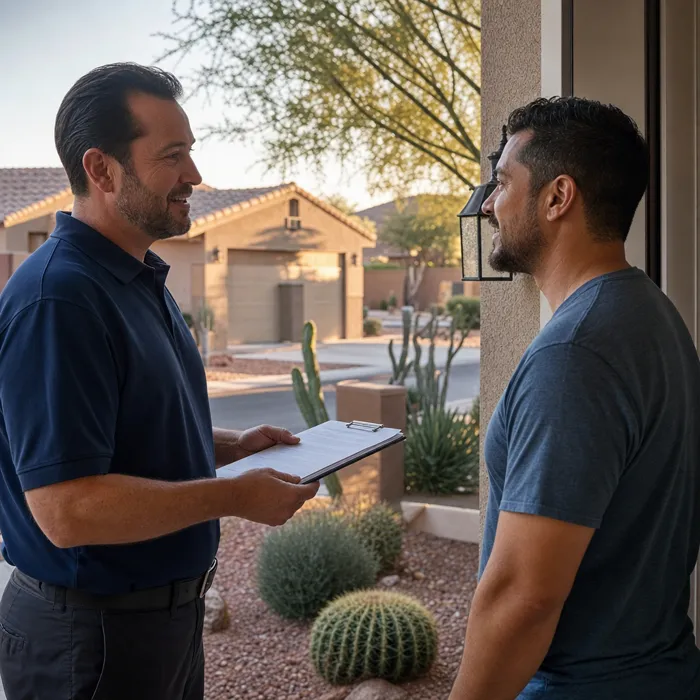 Technician reviewing a written estimate with a homeowner at the front door