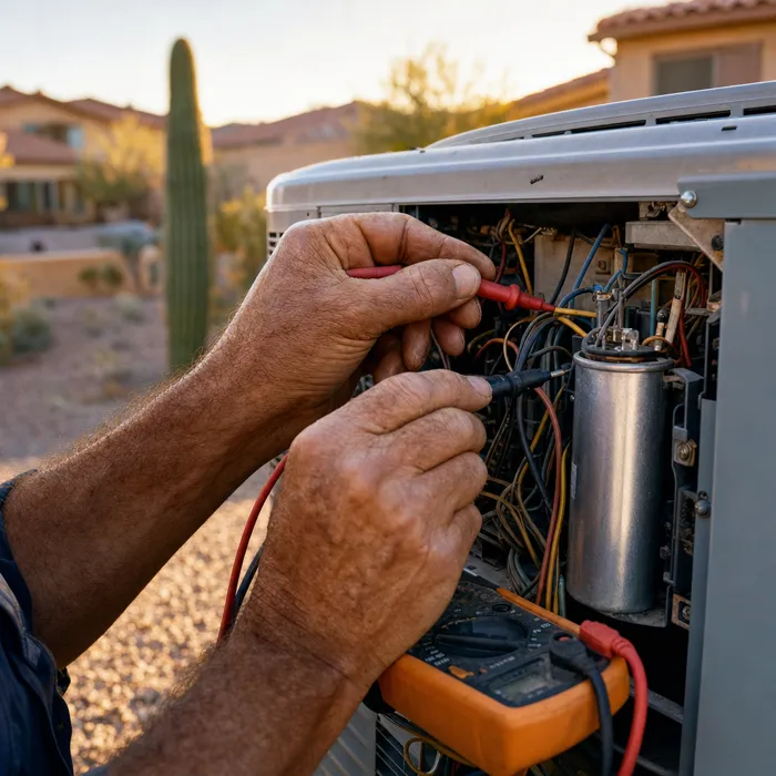 Technician testing air-conditioner wiring with a multimeter