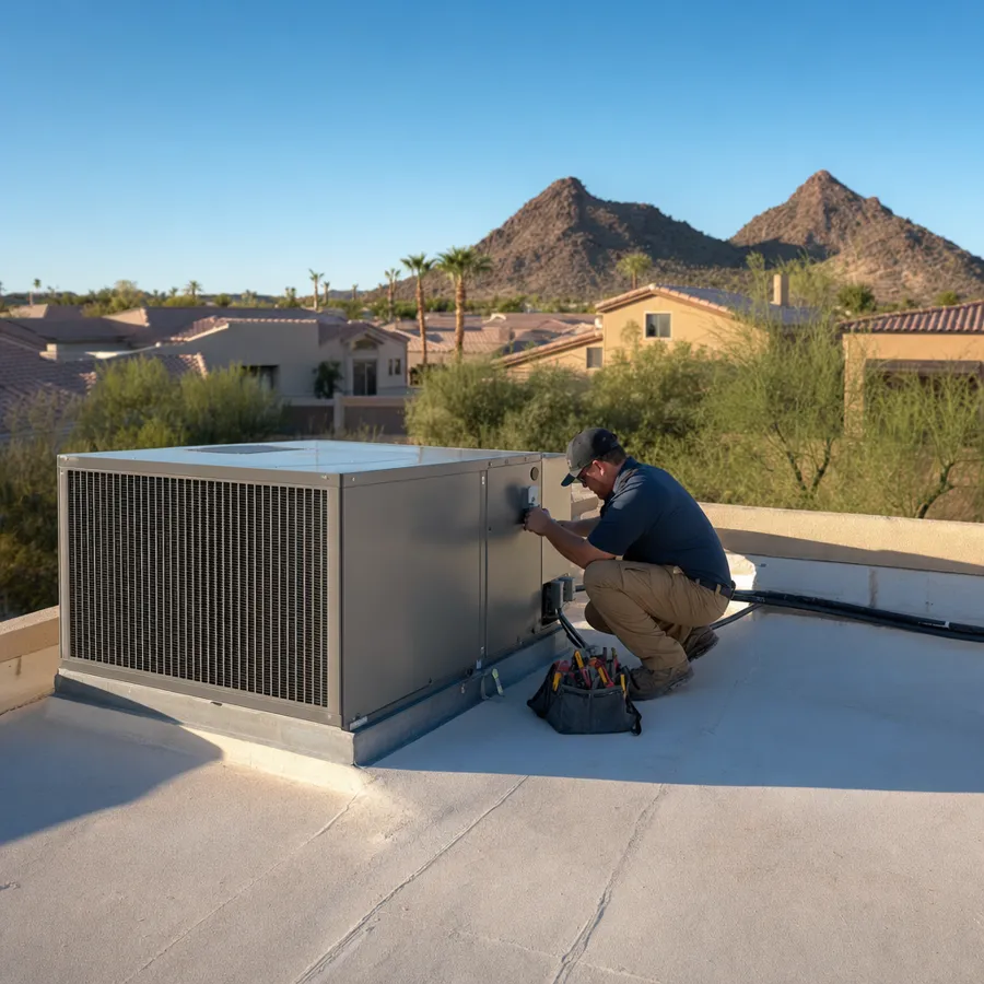 Rooftop air-conditioning unit being serviced on a flat-roofed Mesa home