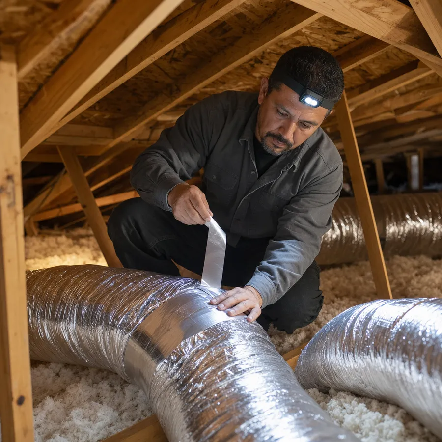 Attic ductwork being sealed by a technician